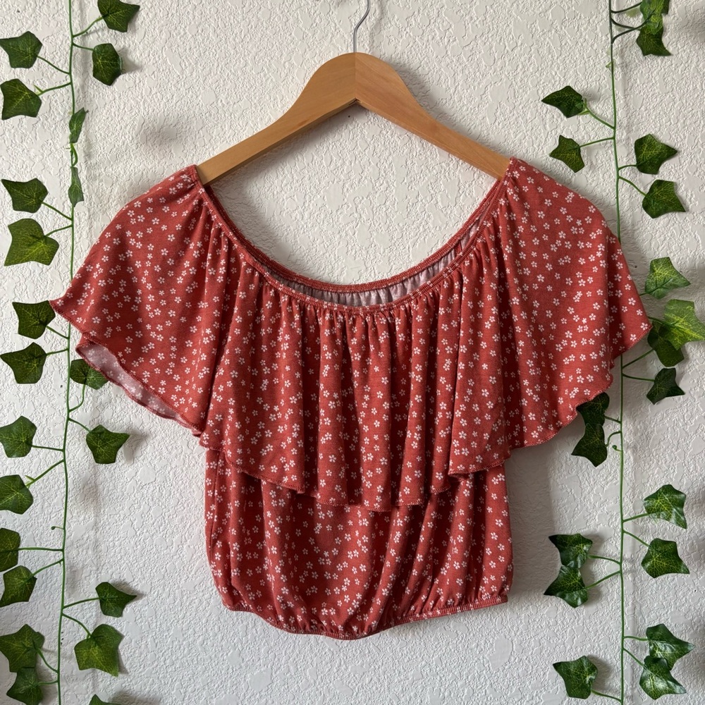 Forever 21 Women’s/Juniors Orange Floral Off-the-Shoulder Ruffle Crop Top Size S